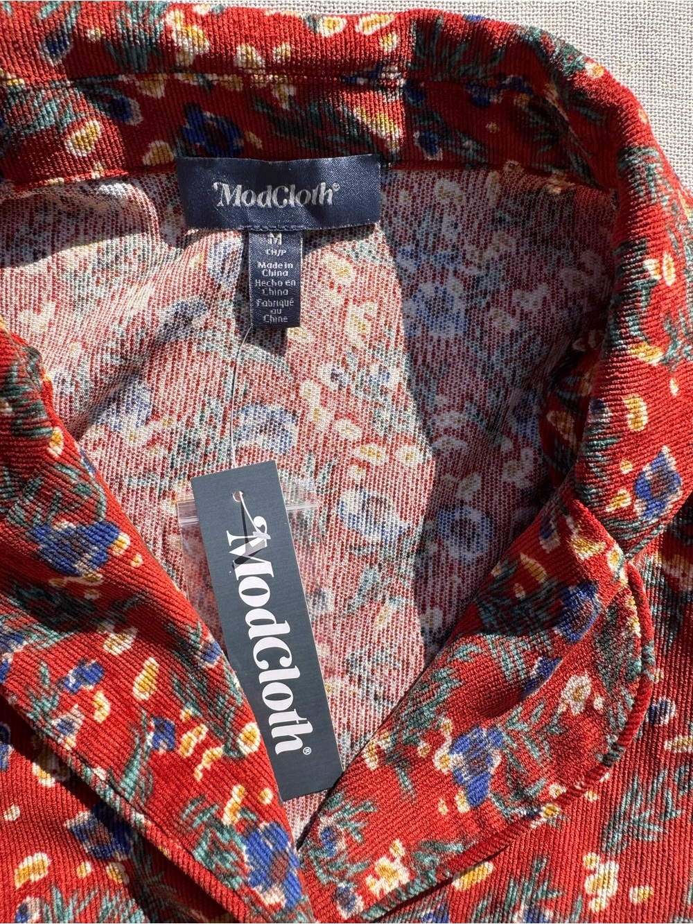 NWT ModCloth Rustic Elegance Casual Dress Cider Blossom Red Blue Floral Belted - Picture 8 of 12